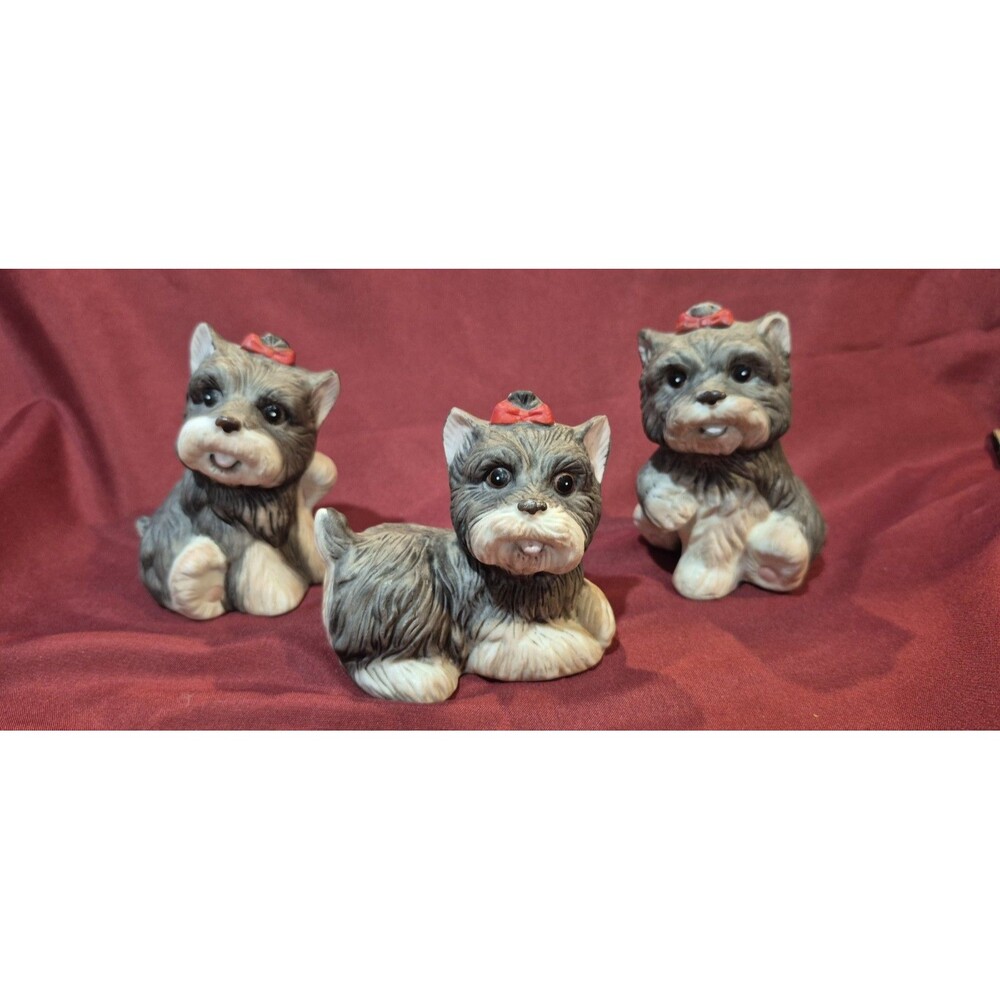 3 Vintage Homco Porcelain Schnauzer Dog Figurines With Red Bows Approx. 3.5" EUC